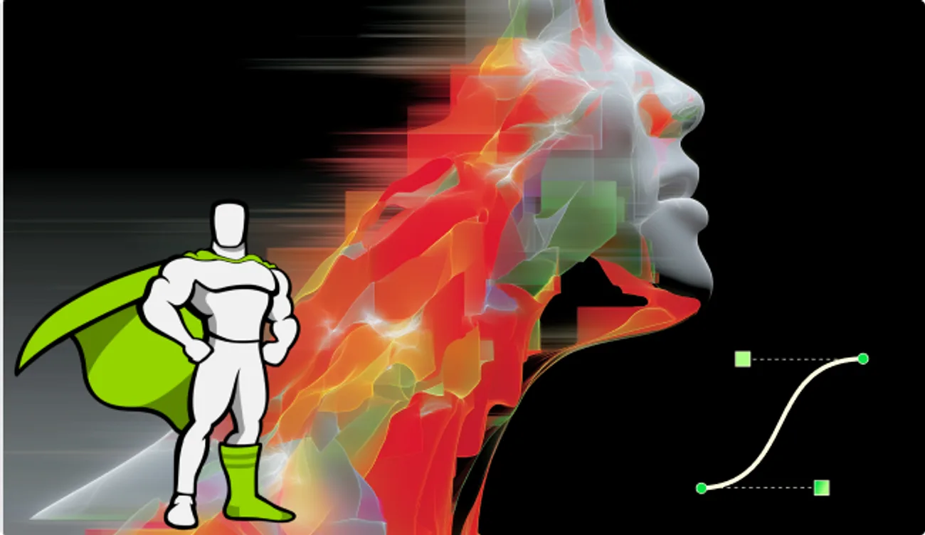 Abstract motion collage with a superhero figure and a sculpted profile